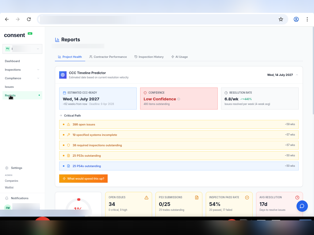 ConsentNZ AI-powered reports showing CCC Timeline Predictor, critical path analysis, and resolution rate tracking